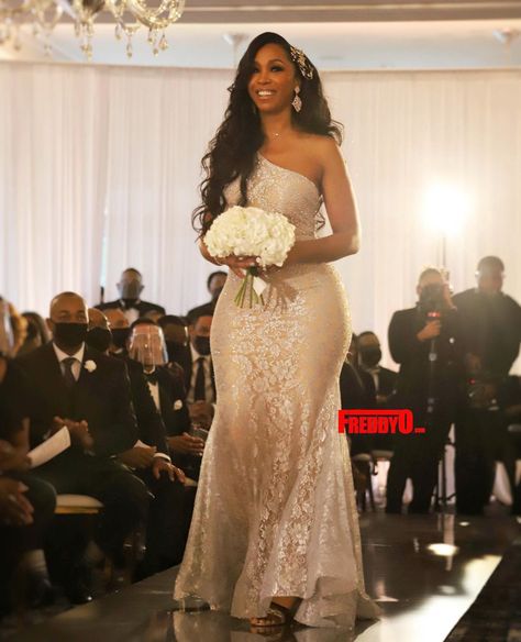 White Reception Dress, Marlo Hampton, Sequins Wedding Gown, Eva Marcille, Celebrity Wedding Photos, Porsha Williams, Cynthia Bailey, Kandi Burruss, Belted Wrap Dress