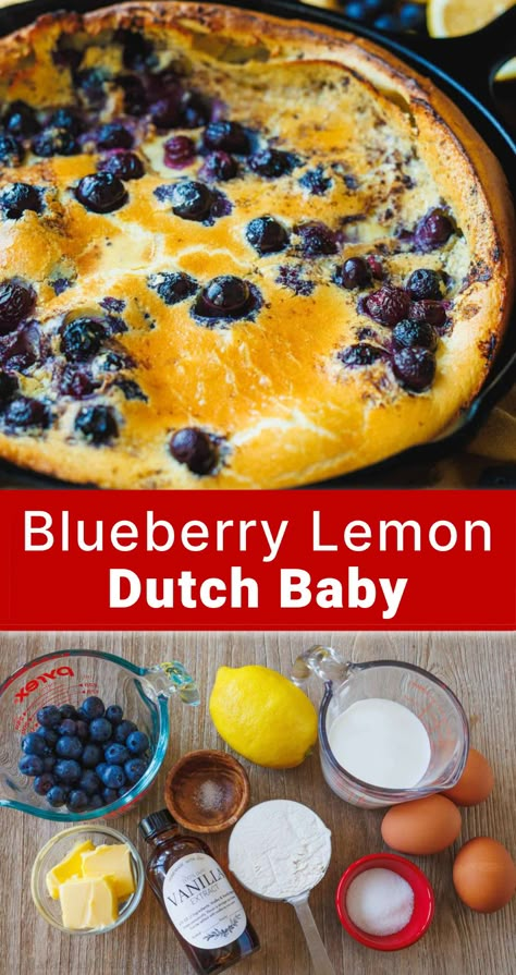 This Blueberry Lemon Dutch Baby is loaded with juicy blueberries and tangy lemon zest. This cross between a popover and pancake puffs up beautifully in the oven. Lemon Blueberry Dutch Baby Pancake, Pancake Blueberry, Lemon Dutch Baby, Blueberry Dutch Baby, German Oven Pancake, Dutch Baby Pancakes, Dutch Baby Pancake Recipe, Restaurant Breakfast, Oven Pancakes