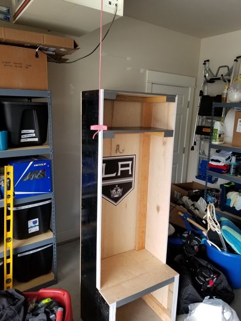 LA Kings homemade hockey locker Hockey Locker Stall Diy, Diy Sports Locker, Hockey Garage, Hockey Gear Storage, Hockey Stick Storage, Bunk Bed Diy, Hockey Storage, Hockey Locker, Sports Equipment Storage