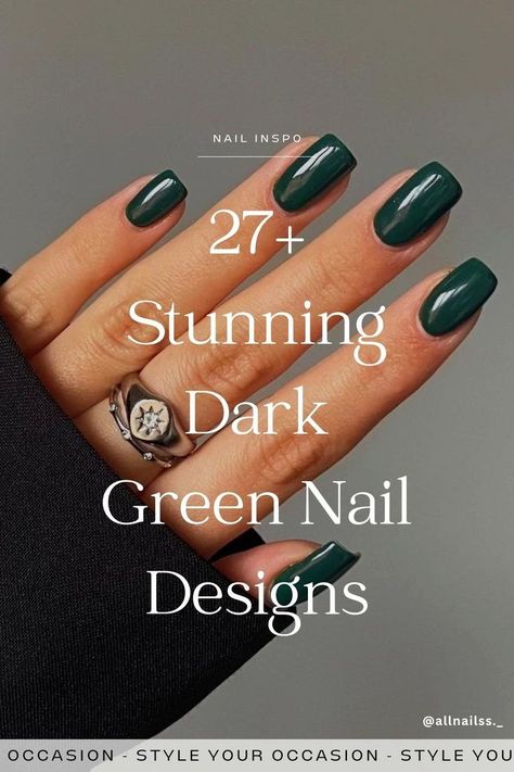 Our favorite fall and winter nail trend? Dark green nail designs! We’re sharing 27+ gorgeous dark green nail ideas, whether you’re looking for emerald nails, forest green nails, or any other dark green nail inspiration. Whether you’re looking for short, acrylic, almond, or more, we have the perfect green nails for 2024 fall nails and 2025 winter nails. Autumn nails Slate Green Nails, Army Green Dip Nails, Emerald Green Nails Square Short, Green Powder Dip Nails, Emerald Green Gel Nails, Wicked Themed Nails, Classy Green Nails, Green Gel Nails Ideas, Green Manicure Ideas