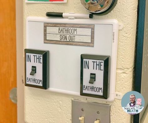 WeAreTeachers on Instagram: "Take a look at this bathroom sign out from @teachwithheath_!⁠ ⁠ "How it works:⁠ ⁠ 1. If a student needs to use the restroom, they check to see if a light is on. If not, then they just give the bathroom finger signal🤞🏼⁠ 2. The student uses the market to write their name, initials, student number, etc. and turn the light on.⁠ 3. The student uses the restroom, then erases their name, number, etc. and turn the light off to let others know they can go.⁠ ⁠ Was the perfec Classroom Diys, Bathroom Sign Out, Pinterest Classroom, Functional Classroom, Boy Activities, Teacher Goals, Kindergarten Goals, Steam School, Classroom Management System