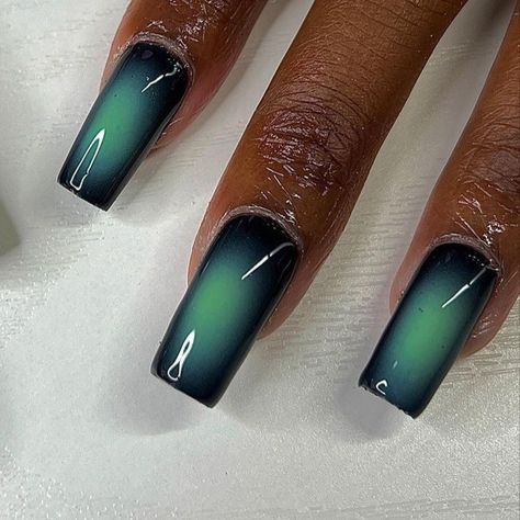 Black And Green Aura Nails, Green Aura Nails, Pretty Aura, Aura Nail, Nail Inspired, Airbrush Nails, Square Nail Designs, Heart Nail, Green Nail