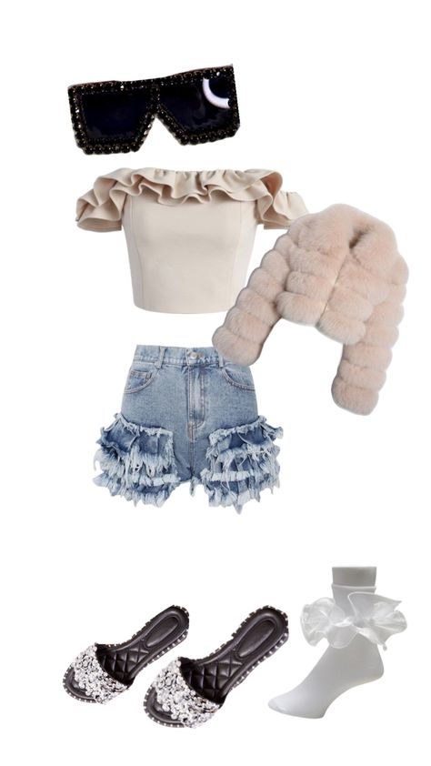 chavvy outfits ruffle shorts fluffy coat outfit inspo Chavvy Outfits, Fluffy Coat Outfit, Fluffy Coat, Coat Outfit, Coat Outfits, Ruffle Shorts, Outfit Inspo, Clothes