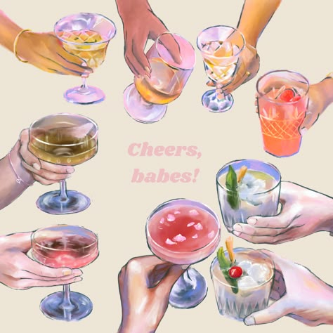 Mixed Drinks Aesthetic, Hands Cheers Illustration, Power Point Party Ideas, Friday Mood Aesthetic, Cheers Aesthetic, Cheers Illustration, Friday Aesthetic, Weekend Aesthetic, Aesthetic Artsy