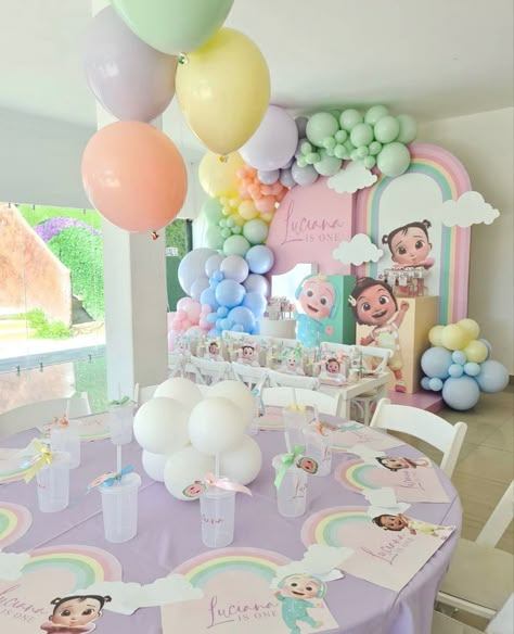 Pastel Cocomelon Party, Cocomelon Party Theme, Coco Melon Birthday Party Ideas, Cocomelon Party Decor, Cocomelon First Birthday, Cocomelon Theme Birthday Party, Baddie Ideas, Baby Birthday Party Theme, Coco Melon