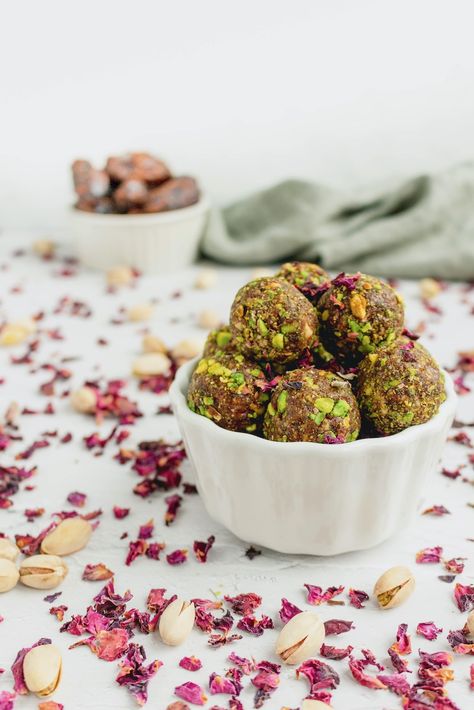 Arabian Nights Bliss Balls Pistachio Bliss Balls, Mat Inspiration, Edible Rose Petals, Cookie Balls, Rose Cookies, Bliss Balls, Energy Snacks, Eastern Cuisine, Protein Ball