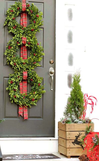 Decorate Door Christmas, How To Decorate Front Porch Posts For Christmas, Christmas Wreath Trio, Christmas Shutters, Boxwood Wreath Front Door, Boxwood Wreath Decor, Christmas Promo, Chirstmas Decor, Front Door Christmas Decorations