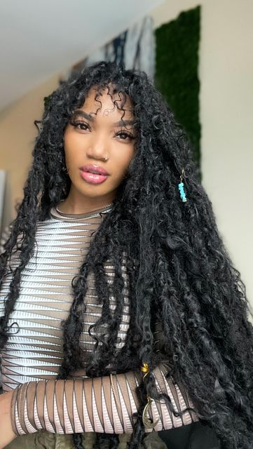 Fluffy Faux Locs, Locs And Curly Hair, Bohemian Goddess Faux Locs Crochet, Human Hair Goddess Locs, Locs And Curls, Goddess Locs With Bangs, Curly Hair With Locs, Faux Locs With Bangs, Natural Goddess Locs