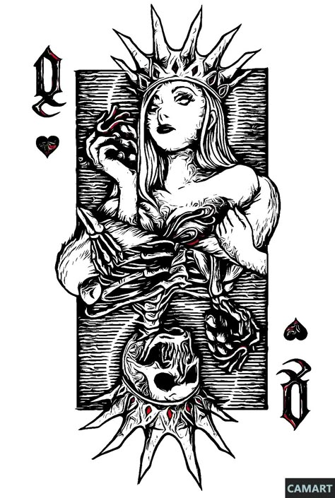 Kings Card Tattoo, Playing Cards Face Cards, Terro Cards Tattoos, Playing Card Sketch, Playing Card Tattoo Design, Queen Of Spades Card Tattoo, Joker Card Design, Queen Card Design, Joker Card Art