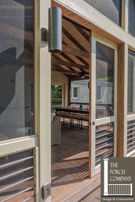 Sliding Doors Screened Porch, Aluminum Screened In Porch, Screened Porch Door Ideas, Screen Porch Door, Screened Porch Doors, Porch Shades, Custom Porch, Aluminum Screen, Porch Ceiling