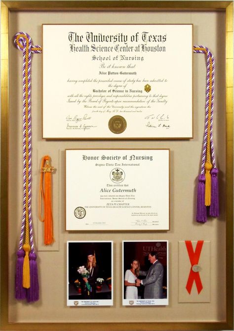 Nursing school graduation  shadowbox with diploma, certificate, ropes, tassle, pin and ceremony photos. Diploma Display Ideas, Graduation Rope Ideas, Graduation Regalia Display, Cute Diploma Display, College Degree Display, Diploma Shadow Box Ideas, Display Diploma, Degree Frame Ideas, Certificate Wall Display Ideas