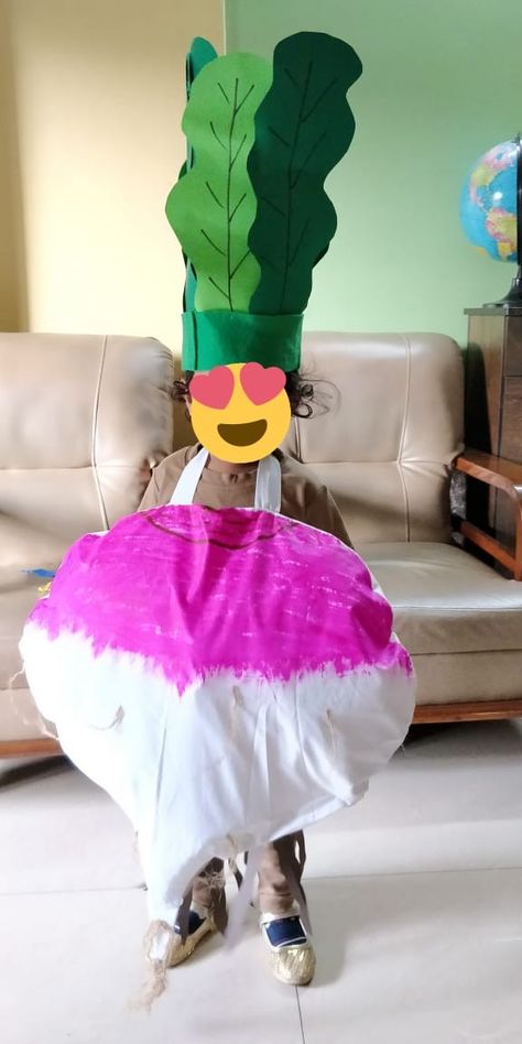 Fancy dress - vegetables - turnip Vegetable Costumes Diy, Vegetable Fancy Dress For Kids, Vegetable Costumes For Kids Diy, Diy Fruit Costume, Clever Classroom Ideas, Vegetable Costumes, Vegetable Crafts, Fruit Costumes, Fancy Dress Competition