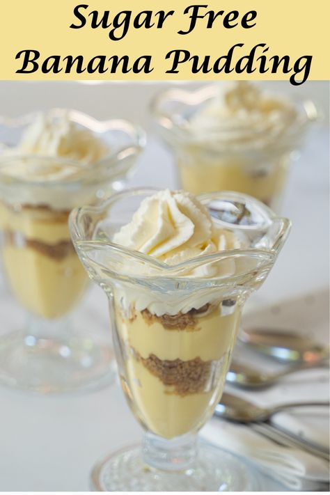 These pretty parfaits are layered with creamy, sugar free banana pudding and an almond crumble for a bit of crunch. The finishing touch is a dollop of whipped cream. It tastes like the decadent classic banana custard dessert, but is so much healthier. Zero Sugar Banana Pudding, Banana Cream Fluff Keto, Banana Pudding Recipe With Cream Cheese, Ww Sugar Free Pudding Recipes, Sugar Free Banana Pudding, Selling Desserts, Banana Custard, Sugar Free Whipped Cream, Sugar Free Vanilla Pudding