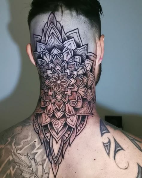 Nape mandala done a while back.. @inkjecta @metrixneedles @platinum_rose_tattoo_aftercare #inkjecta #inkjectaeclipse #metrixneedles… Mandela Tattoo Design For Men, Mandala Head Tattoo, Back Mandala Tattoo, Back Of Head Tattoo, Mandala Tattoo Neck, Mandala Tattoo Men, Dotwork Tattoo Mandala, Mandela Tattoo, Nape Tattoo