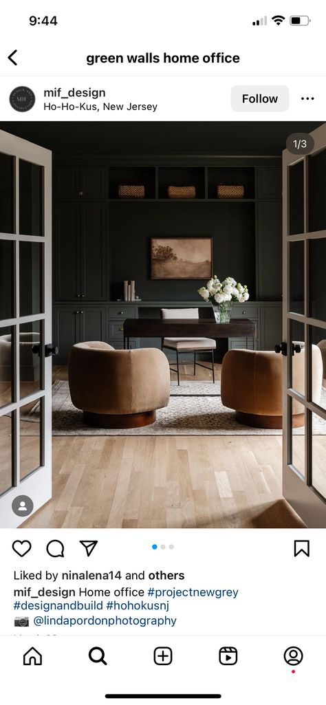 Moody Masculine Office, Moody Walls, Front Room Office, Masculine Home Office, Moody Office, Masculine Office, Office Inspo, Front Office, Green Carpet