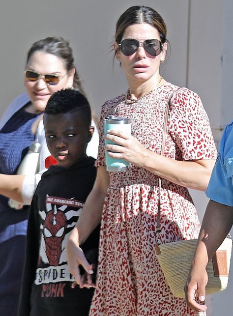 Sandra Bullock Kids, Sandra Bullock Son, David Draiman, Photo To Cartoon, Sandra Bullock, Leopard Print Dress, Hand In Hand, Out And About, The Weekend