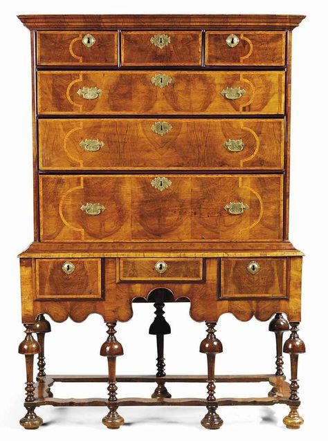 A WILLIAM & MARY WALNUT CHEST ON STAND | LATE 17TH CENTURY | chest-on-stand, Furniture & Lighting | Christie's Jacobean Furniture, English Antique Furniture, Baroque Furniture, William & Mary, Walnut Furniture, William And Mary, English Furniture, Antique Chest, Period Furniture