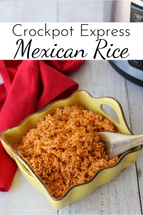 Crockpot Express Mexican Rice is the perfect side dish for tacos, burritos, enchiladas or as the main ingredient in your favorite burrito bowls! It's just so EASY and quick to make! Mexican Rice In Crockpot Slow Cooker, Mexican Rice Recipe Crockpot, Crock Pot Mexican Rice Crockpot, Mexican Rice In Crockpot, Crock Pot Mexican Rice, Mexican Rice Crockpot, Crockpot Mexican Rice, Crockpot Express Recipes, Slow Cooker Mexican Rice