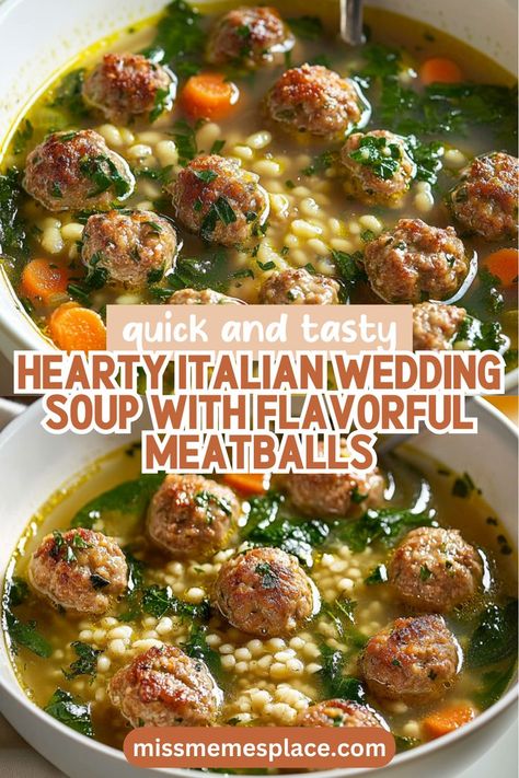 Dive into the delightful world of Italian cuisine with this Hearty Italian Wedding Soup with Flavorful Meatballs. This traditional recipe combines juicy, homemade meatballs with a savory broth enriched by fresh spinach, carrots, and aromatic garlic. Perfect for family meals or meal prep, this soup is not only delicious but also packed with nutrients. Serve it with crusty bread for a complete and satisfying meal that everyone will love. Make this comforting soup a staple in your kitchen! Soup With Meatballs, Cozy Dinners, Comforting Soup, Wedding Soup, Homemade Meatballs, Fresh Spinach, Meatballs Recipe, Savory Chicken, Sauteed Vegetables