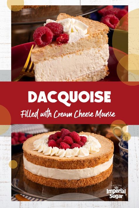 Planning a special occasion or simply looking to treat yourself? This delectable Dacquoise Filled with Cream Cheese Mousse is perfect for any celebration or as a well-deserved self-indulgence. Layers of luscious almond meringue, light and crispy, filled with a dreamy cream cheese mousse that's velvety smooth. And that's not all! It's cr Dacquoise Recipe, Holiday Themed Cakes, Cream Cheese Mousse, Almond Meringue, Cheese Mousse, Food Film, Delicious Cake Recipes, Mousse Recipes, Cheese Serving