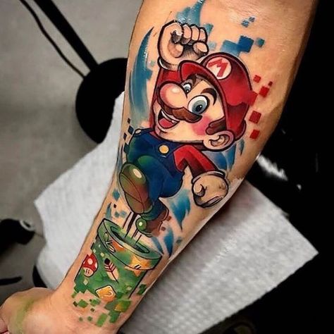 Super Mario Tattoo, Nintendo Tattoo, Arm Tattoos Drawing, Video Game Tattoos, Mario Tattoo, Artsy Tattoos, Gamer Tattoos, Brother Tattoos, Cartoon Tattoo