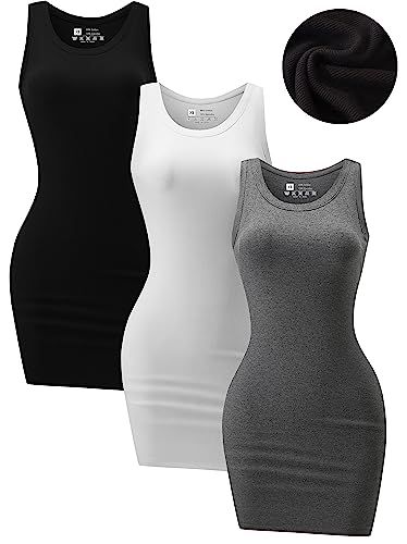 3 Piece Womens Ribbed Scoop Neck Sleeveless Tank Dresses Basic Bodycon Mini Dress Rich Outfits, Bodycon Tank Dress, Ribbed Tank Dress, Black Tank Dress, Women Long Sleeve Dress, Tank Top Dress, Basic Dress, Edgy Look, Sleeveless Tank