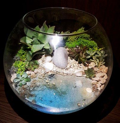 Ocean Terrarium Ideas, Terrarium With Resin Water, Fake Water For Projects Diy, Terrarium Ideas Fake Plants, Terrarium Ideas With Water, Fake Plant Terrarium, Terrarium Scene Ideas, Fake Water For Projects, Fake Terrarium Ideas