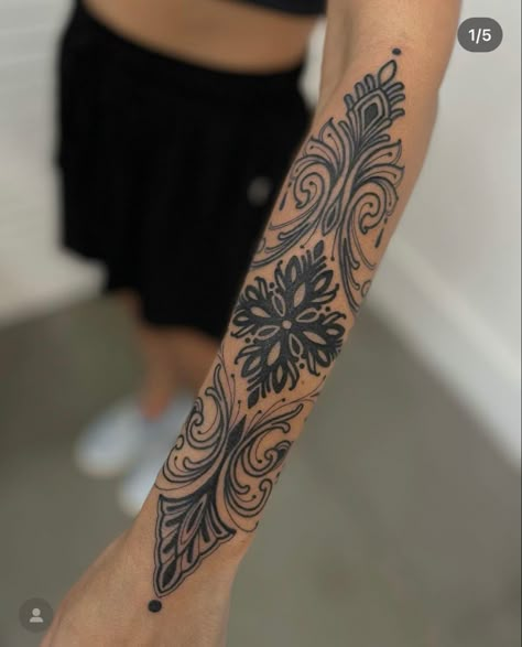 Decorative Forearm Tattoo, Elbow To Wrist Tattoo, Long Forearm Tattoo, Ornamental Tattoo Shoulder, Top Of Arm Tattoo, Ornamental Sleeve Tattoo, Ornamental Arm Tattoo, Ornamental Tattoo Sleeve, Bohemian Tattoo Sleeve