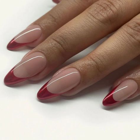 Chrome Red Tips Nails, Red French Tip Nails Crome, Chrome Red Nails French Tip, Dark Red Chrome French Tip Nails, Red Chrome Tips Nails, Chrome Red Almond Nails, Red Tip Chrome Nails, Red Chrome French Tip Nails Almond, Cherry Red French Tip Nails Almond