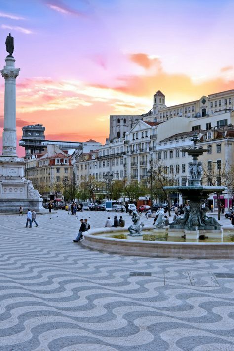 Rossio Square in Lisbon Portugal at Sunset Portugal Bucket List, Lisbon Airport, Story Pics, Lisbon City, Fire Bird, My Hobby, Airline Tickets, Portugal Travel, Cheap Flights