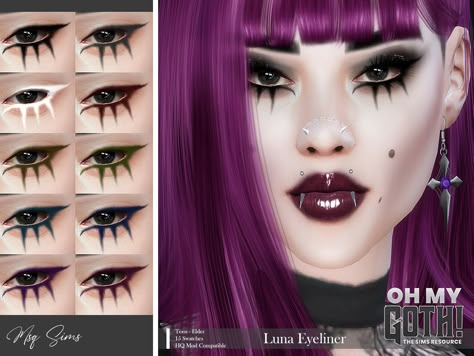 The Sims Resource - Oh My Goth - Luna Eyeliner Sims 4 Cc Punk Makeup, Sims 4 Cc Alternative Makeup, Sims 4 Cc Vampire Makeup, Sims 4 Vampire Hair Cc, Sims 4 Cc Goth Makeup, Sims 4 Vampire Cc, Goth Sims 4, Emo Eyeliner, Sims 4 Vampire