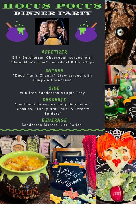 Halloween Themed Night In, Disney Movie Night Menu Hocus Pocus, Hocus Pocus Date Night, Halloween Dinner Theme Ideas, Hocus Pocus Halloween Party Food, Casper Themed Dinner, Family Dinner And A Movie Ideas, Food For Hocus Pocus Party, Hocus Pocus Movie Night Dinner