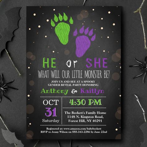 $2.92 | Little Monster Halloween Gender Reveal Party | Halloween Party | gender reveal party, halloween, chalkboard, he or she, boy or girl, baby shower, green and purple, monster, footprints, spooky Halloween Gender Reveal Party, Baby Shower Green, Halloween Chalkboard, Halloween Gender Reveal, Purple Monster, Boy Or Girl Baby, Gender Reveal Party Invitations, Monster Halloween, Green Baby Shower