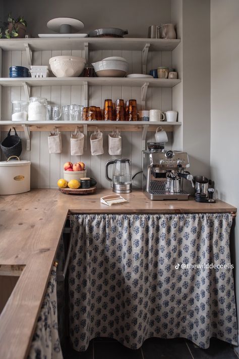 Cottage Core Pantry, Shiplap Cottage, Blue Floral Curtains, Cottage Kitchen Inspiration, Butcher Block Counters, Plain English Kitchen, Cabin Vibes, Butcher Block Counter, Mdf Cabinets