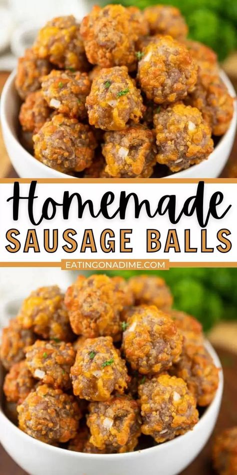 This is the original recipe for sausage balls using sausage, cheddar cheese and sausage. This is the perfect appetizer recipe for everything from tailgating to any party. Everyone will love these sausage cheese balls that are also easy to make! #eatingondime #sausageballsrecipe #appetizerrecipes #easyappetizers Easy Sausage Balls, Sausage Appetizer Recipes, Easy Sausage Balls Recipes, Recipe For Sausage, Ground Sausage Recipes, Cheese Balls Recipe, Sausage Cheese Balls, Sausage Appetizers, Home Made Sausage