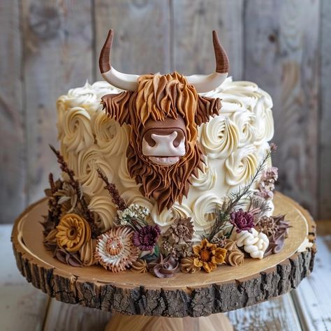 Ranch Cake Birthday, Country Style Birthday Cake, Highland Cow Birthday Cake Ideas, Western Cake Ideas For Women, Country Themed Cake, Western Themed Cake, Country Cakes Birthday, Highland Cow Baby Shower Cake, Country Theme Cake