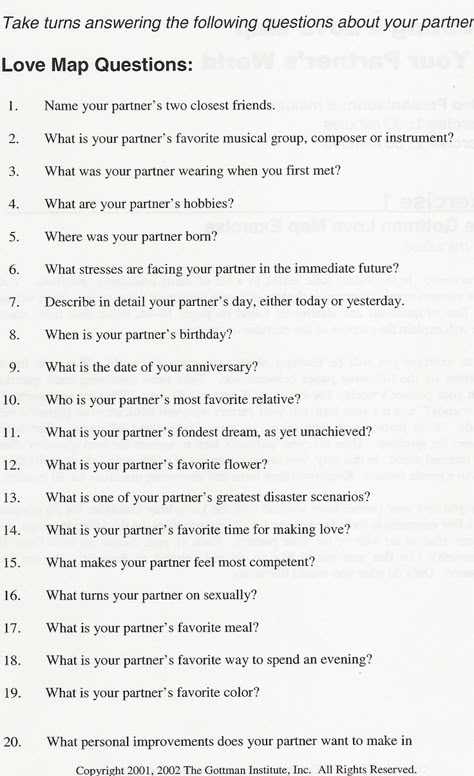 The Gottman Institute в Twitter: „Can you answer these 20 Love Map Questions about your partner? #relationships http://t.co/bhTmFfFXq0“ / Twitter Marriage Counseling Worksheets, Pre Marriage Counseling, Love Map, Counseling Worksheets, Relationship Therapy, Couples Counseling, Getting To Know Someone, Relationship Questions, 20 Questions