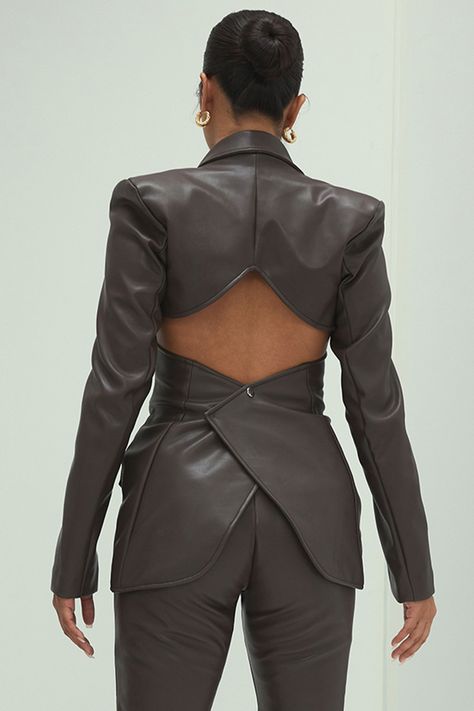 'Sleek' Chocolate Vegan Leather Open Back Jacket - Mistress Rock Open Back Jacket, Open Back Suit, Backless Jacket, Backless Suit, Open Back Blazer, Leotard Costume, Leather Suit, Classy Suits, Woman Suit Fashion