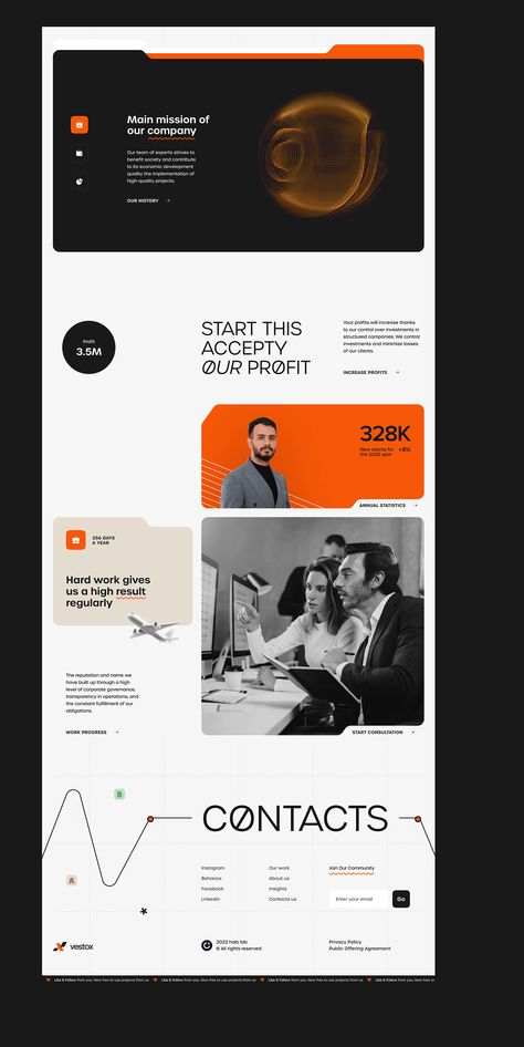 Vestox Webflow Project on Behance Behance Project, Clean Social Media Design, Webflow Web Design, Orange Website Design, Tech Web Design, Orange Website, Web Design Inspiration Layout, Corporate Web Design, Behance Design