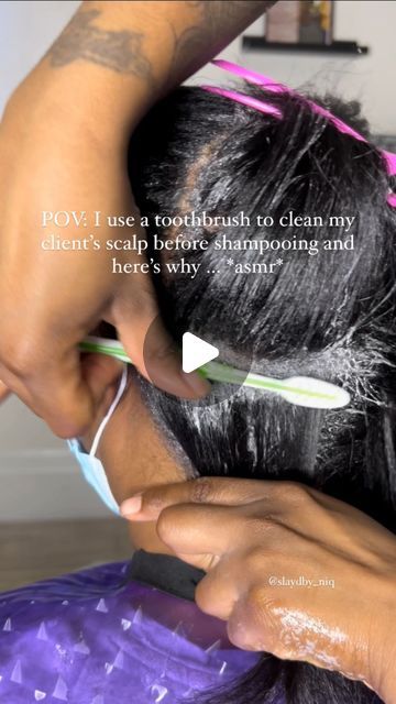 1M views · 33K likes | RALEIGH NC | License Natural hair specialist & Braider on Instagram: "**VIDEO IS SPED UP 2x** Let’s chat a bit on why I choose to use a toothbrush to clean my clients scalp prior to shampooing …   Every stylist has their perks that make them stand out from the rest and this is mine. Toothbrush scalp detox scrub not only does it feel & sound amazing (for my asmr lovers) , acts as a pre-poo, but it GENTLY detoxifies the scalp by removing all dirt , build up and debris that may lay on the scalp in between services.  I offer it in my take down package or you can add it to a wash service. It’s extremely beneficial if you had a protective style in or you experience excessive dandruff. I do not offer it on clients with severe seborrheic dermatitis as it can cause further sc Deep Clean Hair And Scalp, Scalp Scrub Dandruff, Dandruff Removal Videos, Seborrheic Dermitis On Scalp, Scalp Cleanse, Clean Scalp, Scalp Brushing, Hair Specialist, Scalp Scrub