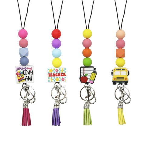 PRICES MAY VARY. Adorable and Unique Designs: Each lanyard features cute silicone beads in vibrant colors and delightful charms such as school buses, apples, pencils, and inspirational messages. These designs are perfect for showcasing your personality and adding a cheerful vibe to your day. Premium Material: These cute teacher lanyards for ID badges are made with washable, durable silicone beads, sturdy cord, leather tassel, strong metal clip, and keyring. The beaded lanyard includes a breakawa Diy Lanyards, Teacher Appreciation Gift Baskets, Teacher Lanyard Beaded, Silicone Bead Lanyard, Lanyard Ideas, Teacher Lanyards, Silicone Bead Keychain, Toddler Jewelry, Diy Lanyard