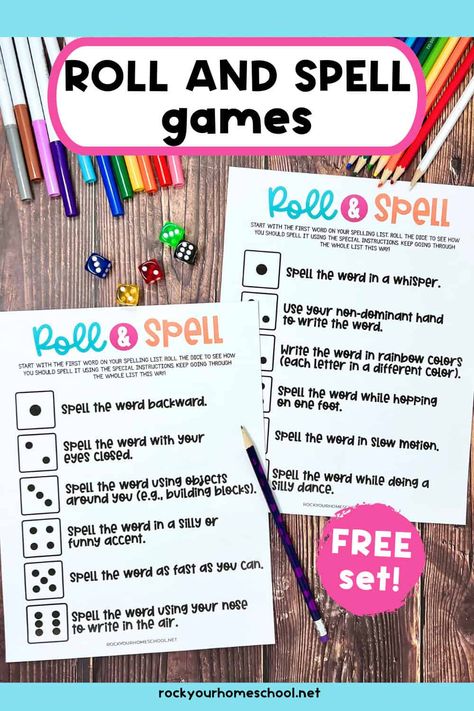 Easily make practicing spelling words fun! This FREE set of roll and spell games has creative prompts for hands-on learning. Get ideas for using and your pack today! Fun Ways To Teach Spelling Words, Fun Spelling Activities, Spelling Word Games For 2nd Grade, Fun Way To Learn Spelling Words, Creative Ways To Practice Spelling Words, Spelling Games 2nd, Fun Ways To Practice Spelling Words, Fun Spelling Games, Fun Spelling Word Practice