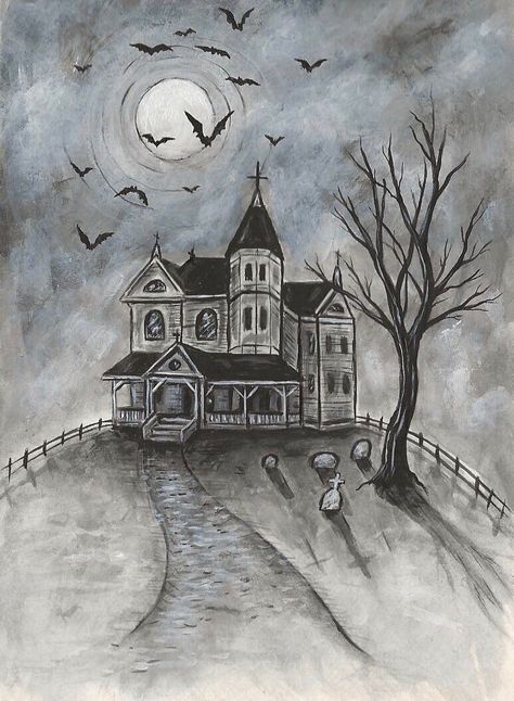 Scary Halloween Art Drawing, Fall House Drawing, Halloween Ideas To Draw, Drawing Halloween Ideas, Scary House Drawing, Horror House Drawing, Haunted House Sketch, Halloween Zeichnungen, Drawing Ideas Halloween