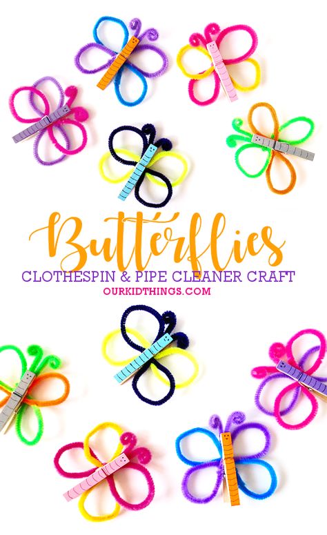 Clothespin Butterfly Craft Butterfly Activities For School Age, Clothes Pin Butterflies, Pipe Cleaner Crafts For Preschoolers, Clothes Pin Spring Crafts, Butterfly Clothespin Craft, Clothes Pin Crafts For Kids, Clothes Pin Butterfly, Clothespin Crafts Kids, Pipe Cleaner Butterfly