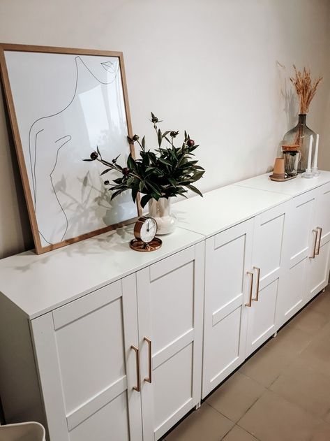 #hacks #furnitureideas Brimnes Cabinet Living Room, Diy Ikea Credenza, Ikea Cabinets Bedroom, Ikea Living Room Ideas Modern, Brimes Ikea Cabinet Hack, Ikea Cabinets Living Room, Ikea Buffet Cabinet, Upstairs Hallway Storage, Modern Buffet Cabinet Dining Rooms