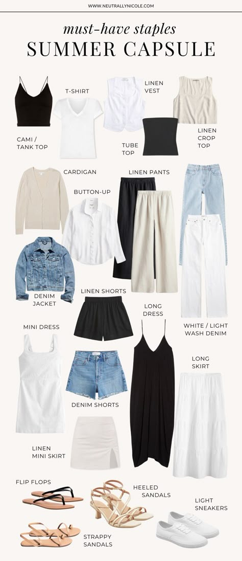 Must Have Summer Capsule Wardrobe Staples + Easy Outfit Ideas to Copy Minimalist Outfit Ideas Summer, Style Change Ideas Clothes, Must Have Summer Clothes, Style Basics Women, Minimal Summer Wardrobe, Summer Staples 2024, Summer Easy Outfits, Summer Staple Pieces, Staples For Wardrobe