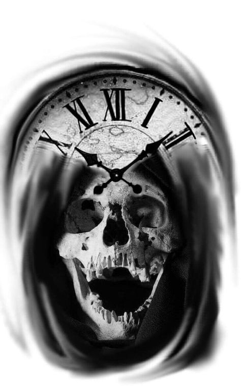 Sign of the times?or time of the signs .....???Depends on witch side you rule with . Evil Skull Tattoo, Badass Skulls, Reaper Tattoo, Skull Pictures, Skulls Drawing, Geniale Tattoos, Clock Tattoo, Dark Art Tattoo, Skull Tattoo Design