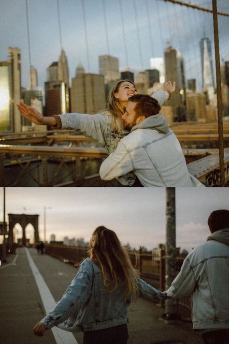 Ten Days, Ten Looks: City Inspired Outfit Changes for Couples New York Couple Pictures, Brooklyn Bridge Pictures, Stages Of Dating, New York Photo Ideas, New York Photoshoot, New York Couple, Bridge Photos, Couples City, Nyc Pics