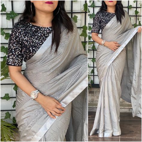 Blouse With Grey Saree, Grey Saree Contrast Blouse, Grey Blouse Designs For Saree, Net Saree Blouse Designs, Net Saree Blouse, Two Piece Evening Dresses, Plain Sarees, Glitter Blouse, Model Blouse