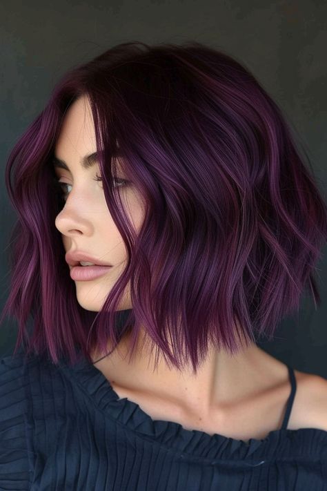 42+ Stunning Midnight Purple Hair Ideas - sfor3 Mauve Purple Hair Color, Burgundy Plum Hair Color Balayage, Purple Hair Color Ideas Short Hair, Violet Ash Brown Hair, Violet Bob Hair, Short Hair Bold Color Ideas, Highlights Brown Hair Purple, Purple To Black Hair, Plum Coloured Hair